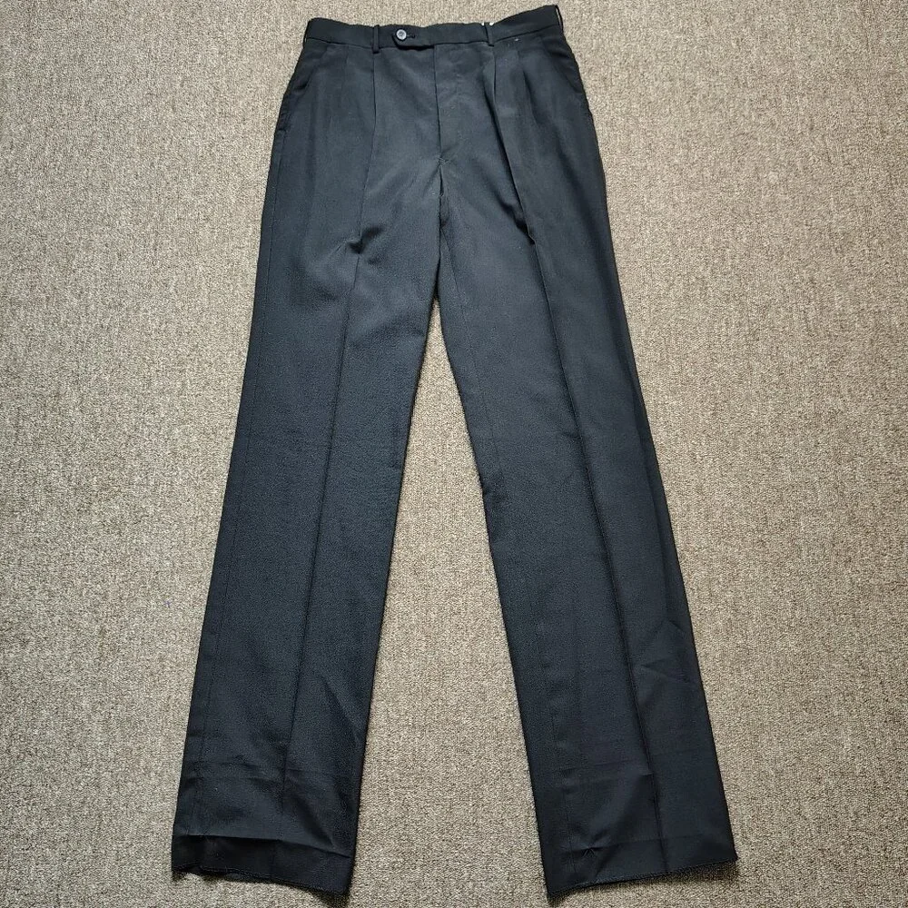 Vintage HUNTING HORN Pants Men 32 Black Wool Blend Pleated Unhemmed Slacks - Picture 1 of 8